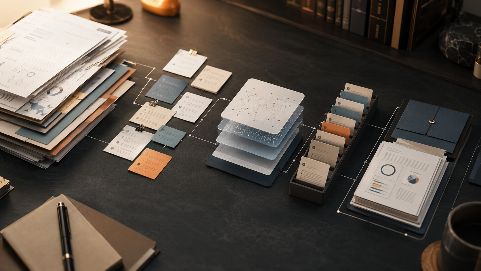 Warm desk scene showing source records, notes and AI workflow evidence prepared for review.