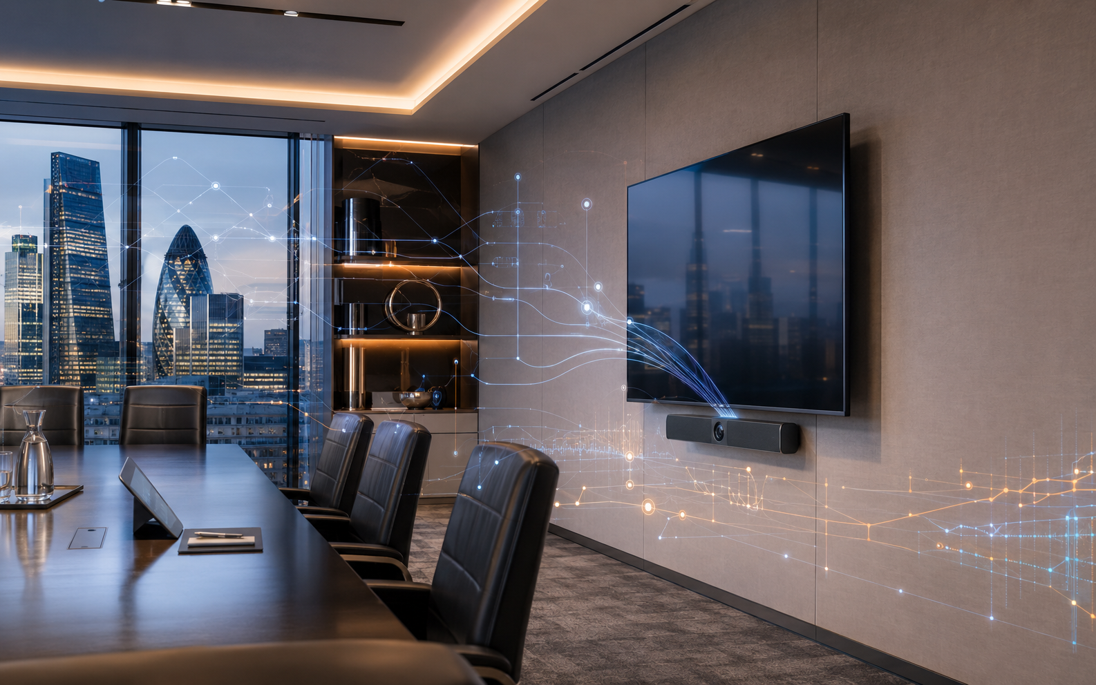 Illustrative London meeting room with Webex Room Kit style video bar and diagnostic overlays showing meeting quality assurance.